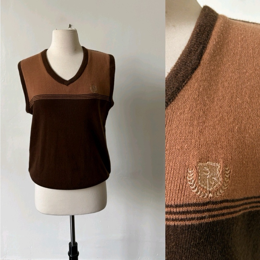 Vintage Colorblock Sweater Vest 1970’s Brown and Beige V-Neck Sweater Vest